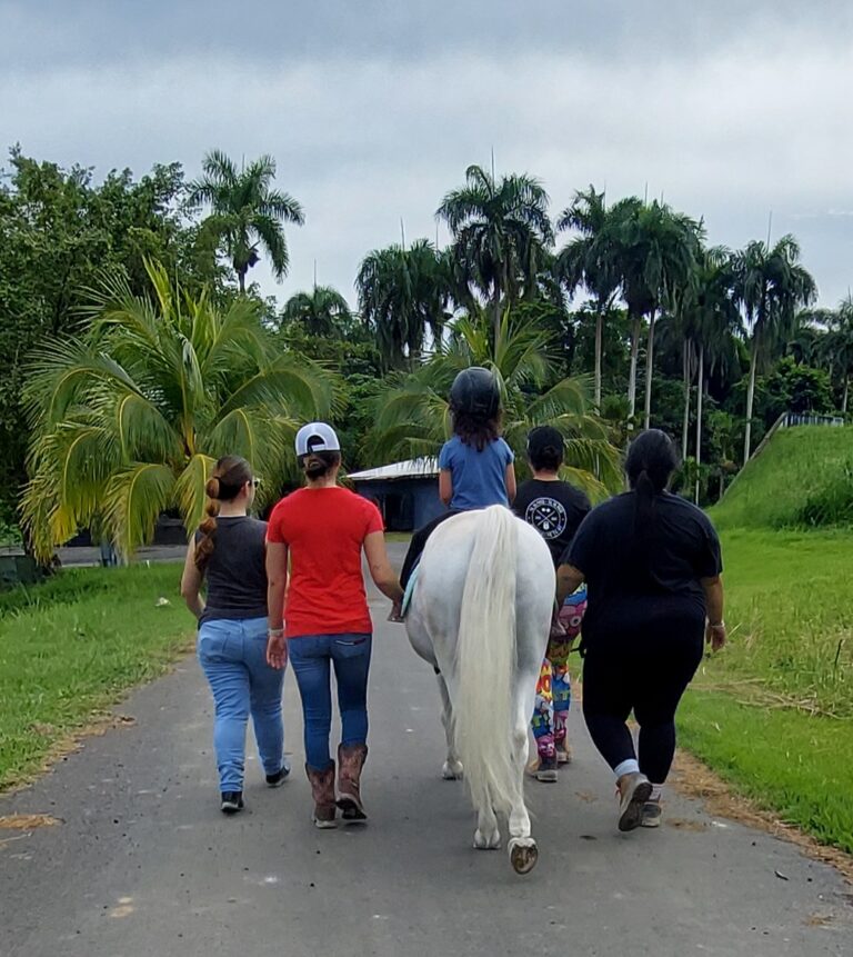 Foto de niño montando a caballo junto supervisado por grupo de adultos